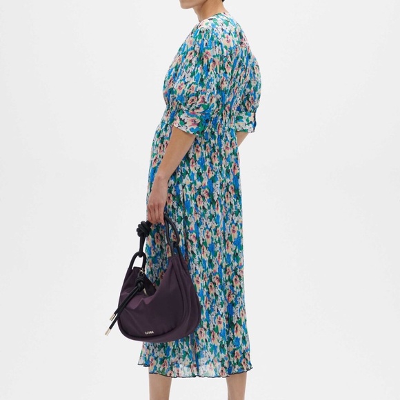Ganni V Neck Dress in Floral Azure Pleated Georgette - Picture 3 of 9